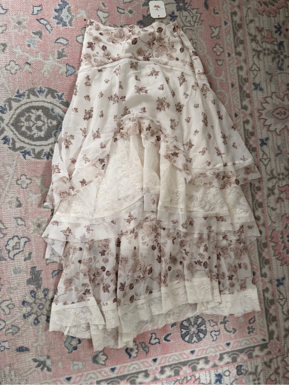 Altar'd State Cream Maxi Skirt with Brown Floral Lace Tiers
